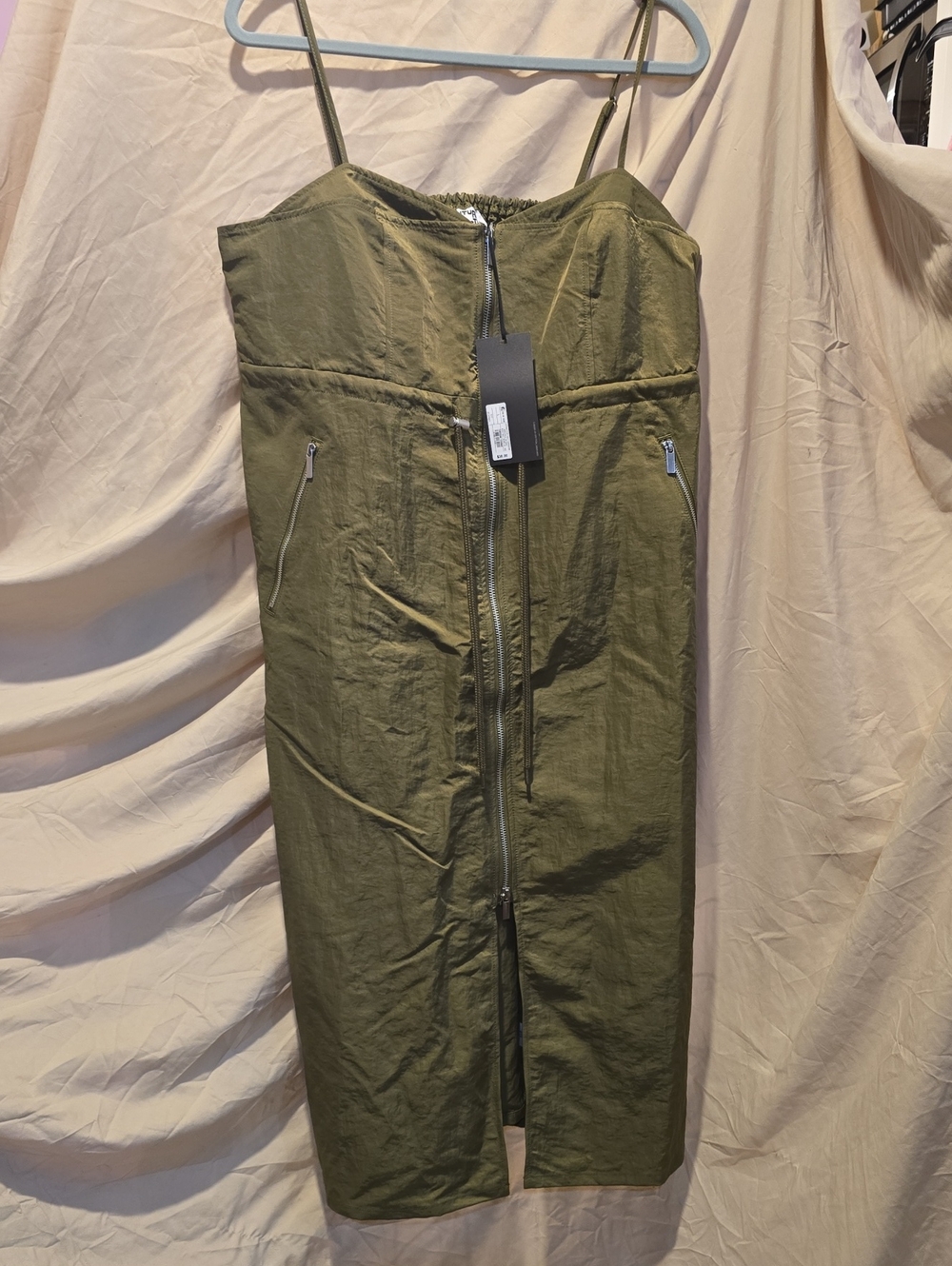 Future Collective Olive Green Midi Slip Dress with Front Zip
